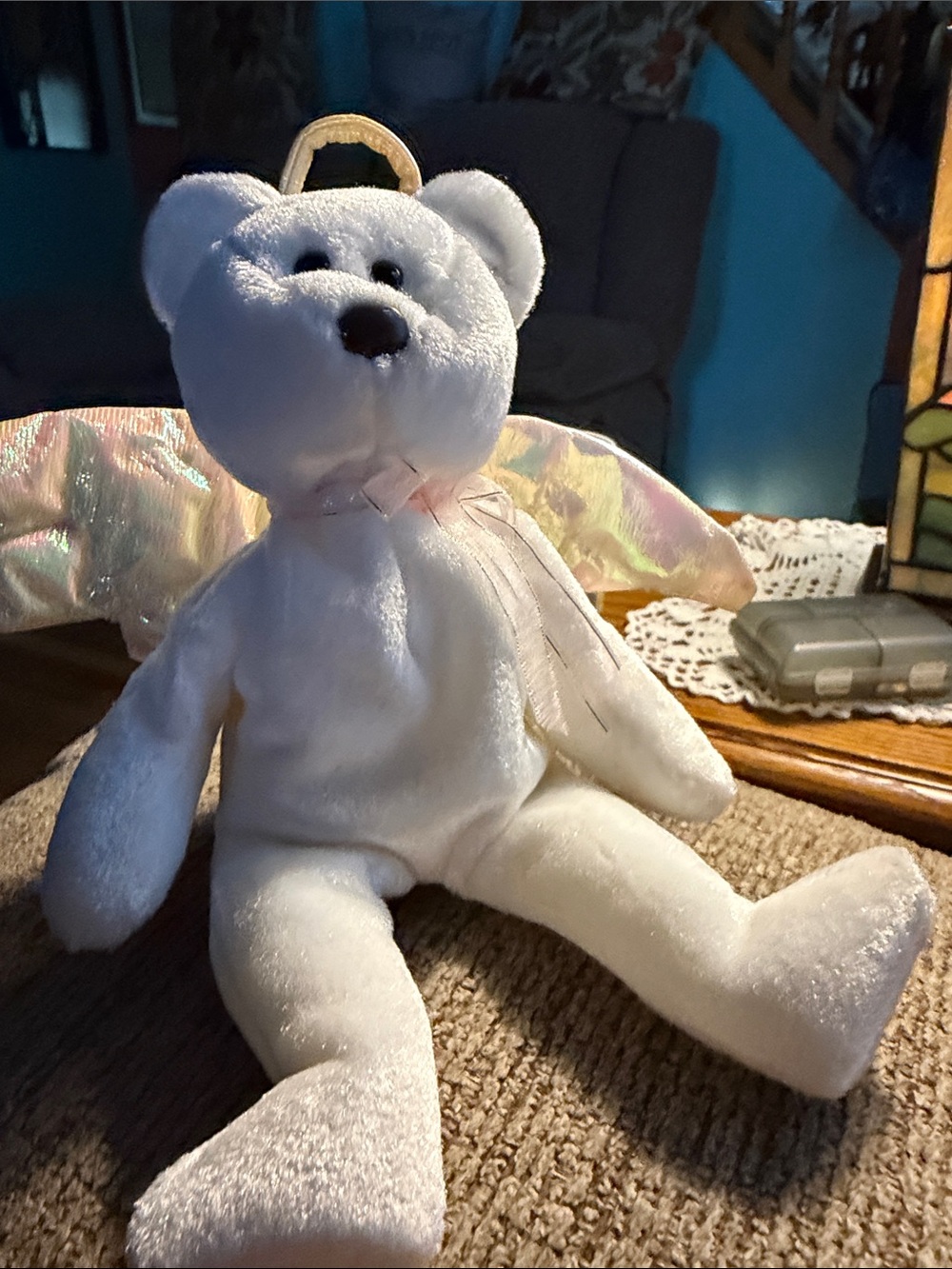 Ty White Angel Bear, Halo, Plush with Iridescent Wings. Retired, Rare with error